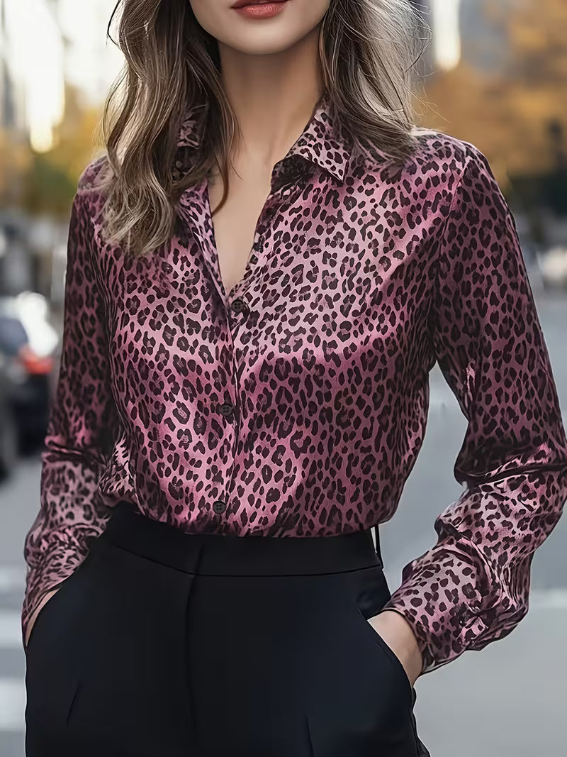 A Stylish Solid Color Satin Shirt Leopard Print pink