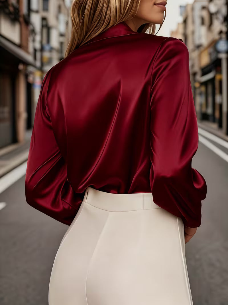 A Stylish Solid Color Satin Shirt crimson