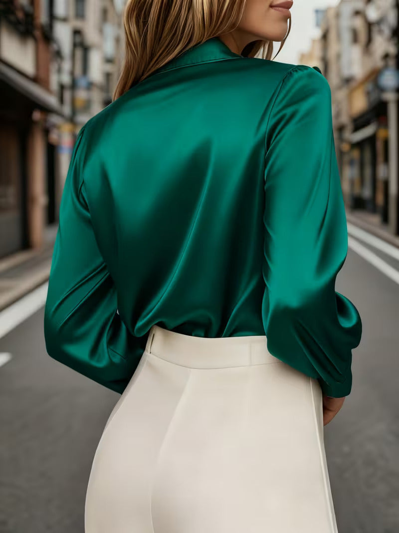 A Stylish Solid Color Satin Shirt Malachite Green